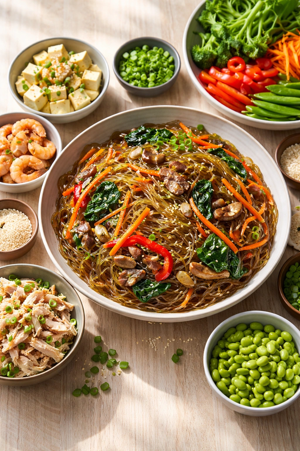 Vibrant japchae with colorful vegetables in a bowl