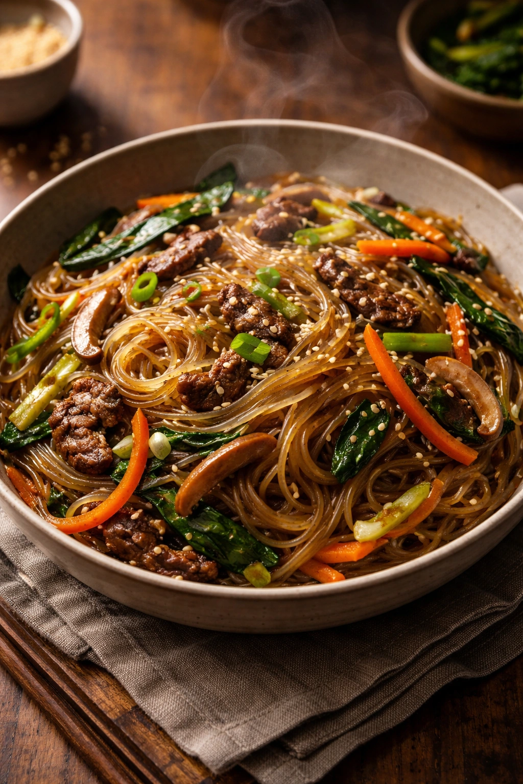 Warm japchae bowl with steam rising