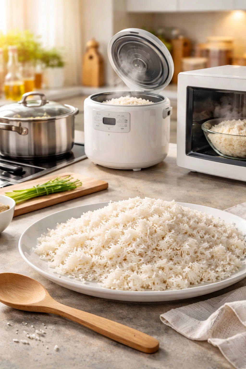 Fluffy jasmine rice cooling on a plate in a bright kitchen with rice-cooking appliances in the background