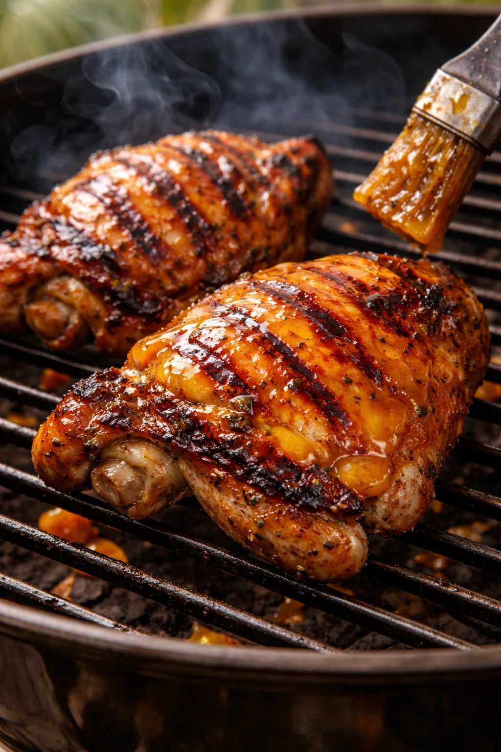 Close-up of jerk chicken thighs with mango glaze on a grill