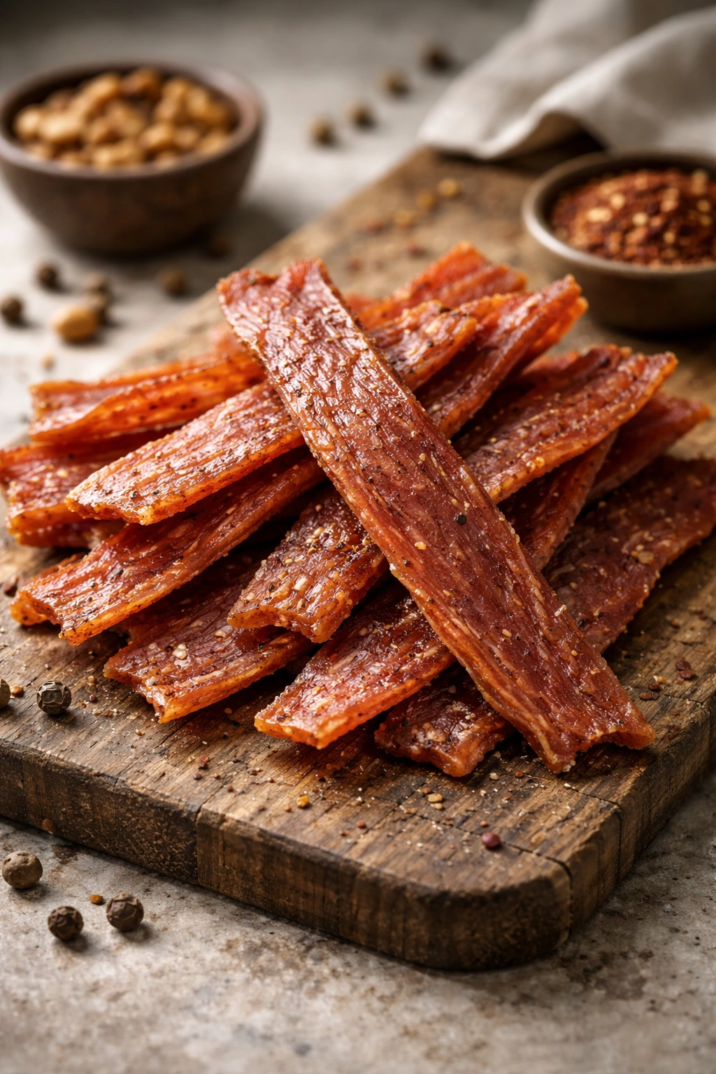 Turkey jerky on a rustic board suitable for grab-and-go snacks