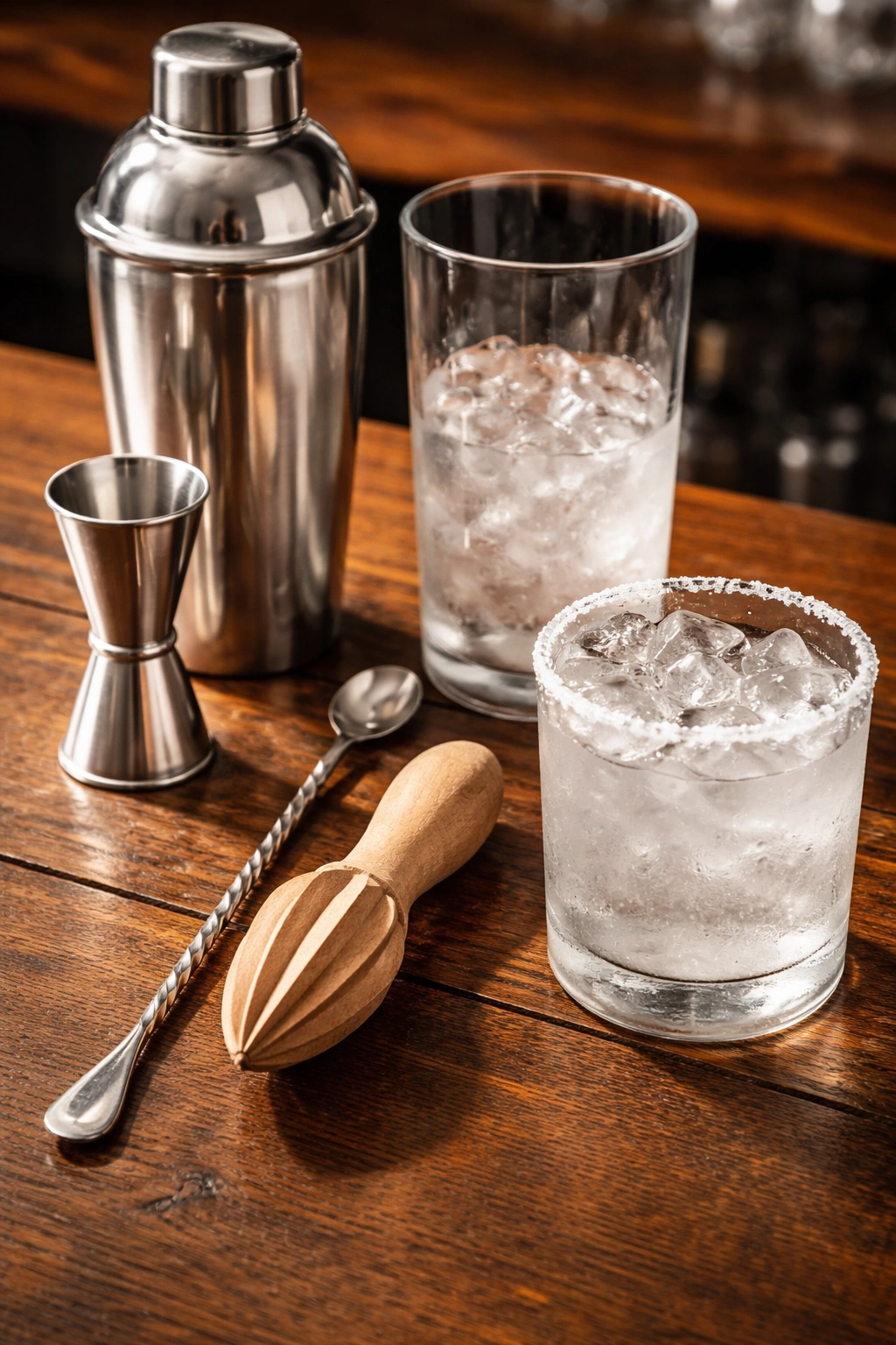 Essential Paloma tools: jigger, shaker, spoon, reamer, glass