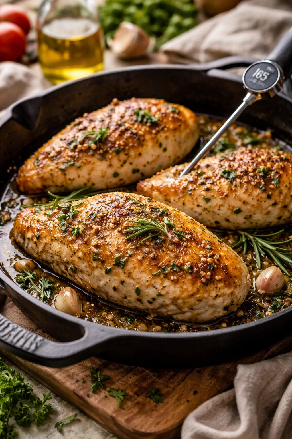 Juicy browned chicken breast on a pan with herbs