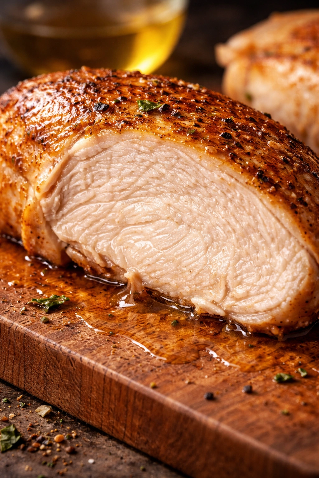 Cross-section of juicy oven-baked chicken breast