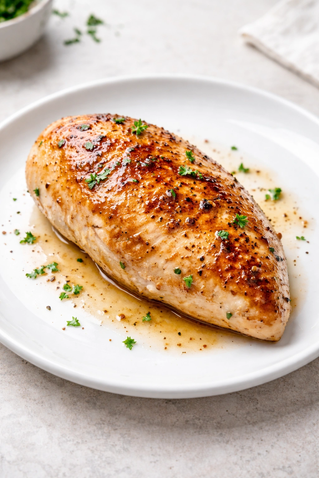 Juicy chicken breast resting on plate, signaling mastery