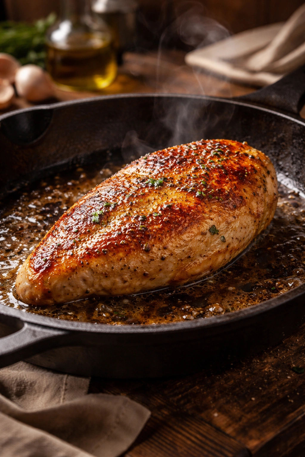 Juicy, pan-seared chicken breast with a golden crust in a skillet.