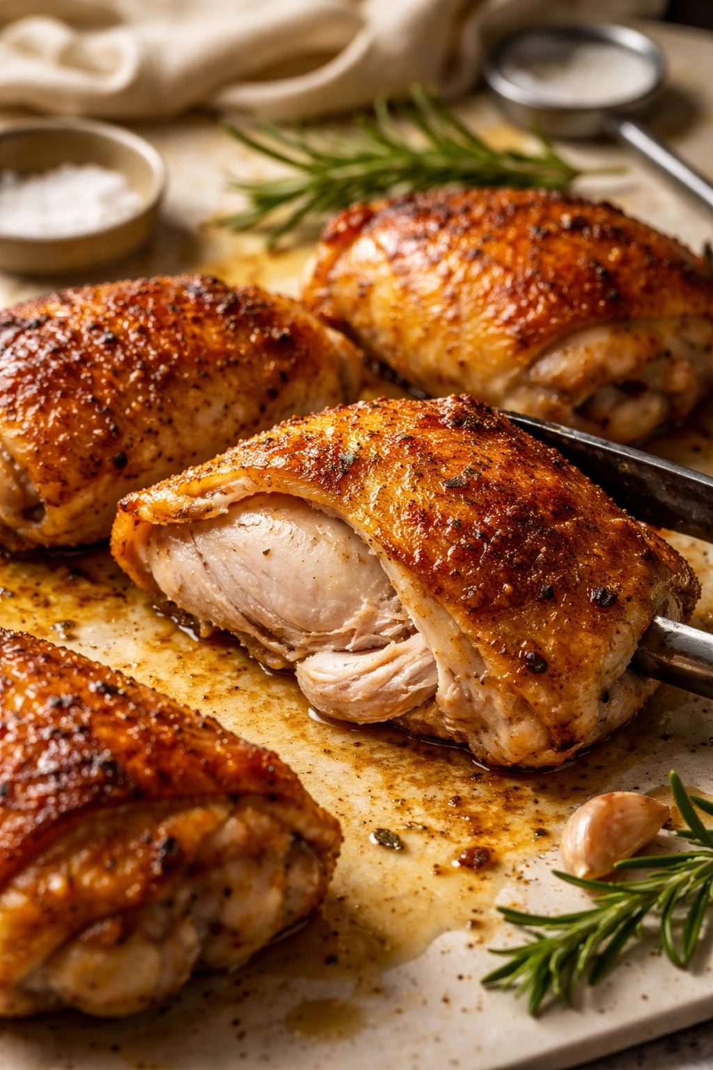 Juicy chicken thigh with moist, glistening meat
