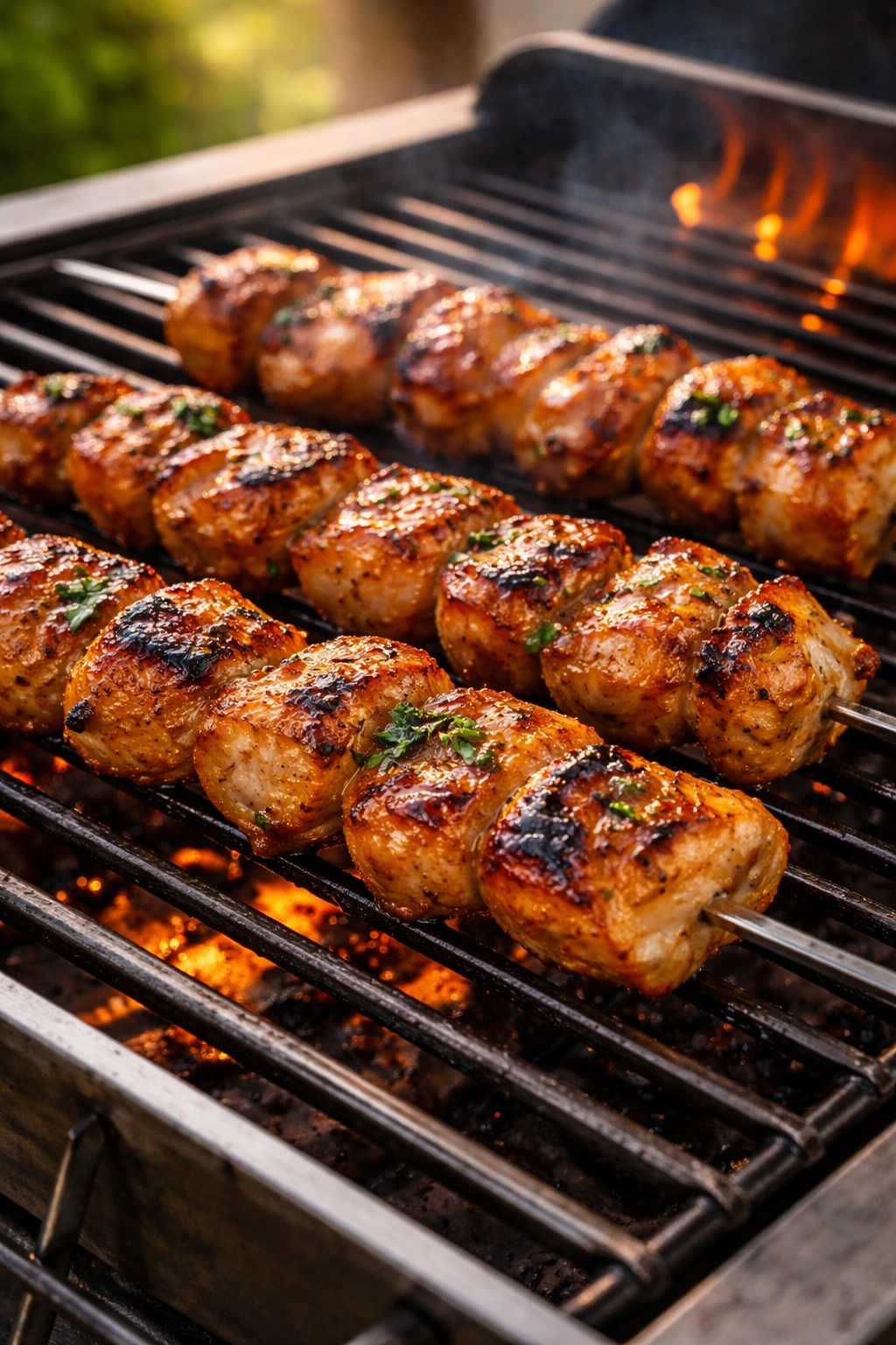 Juicy chicken skewers with glaze and caramelized edges on grill