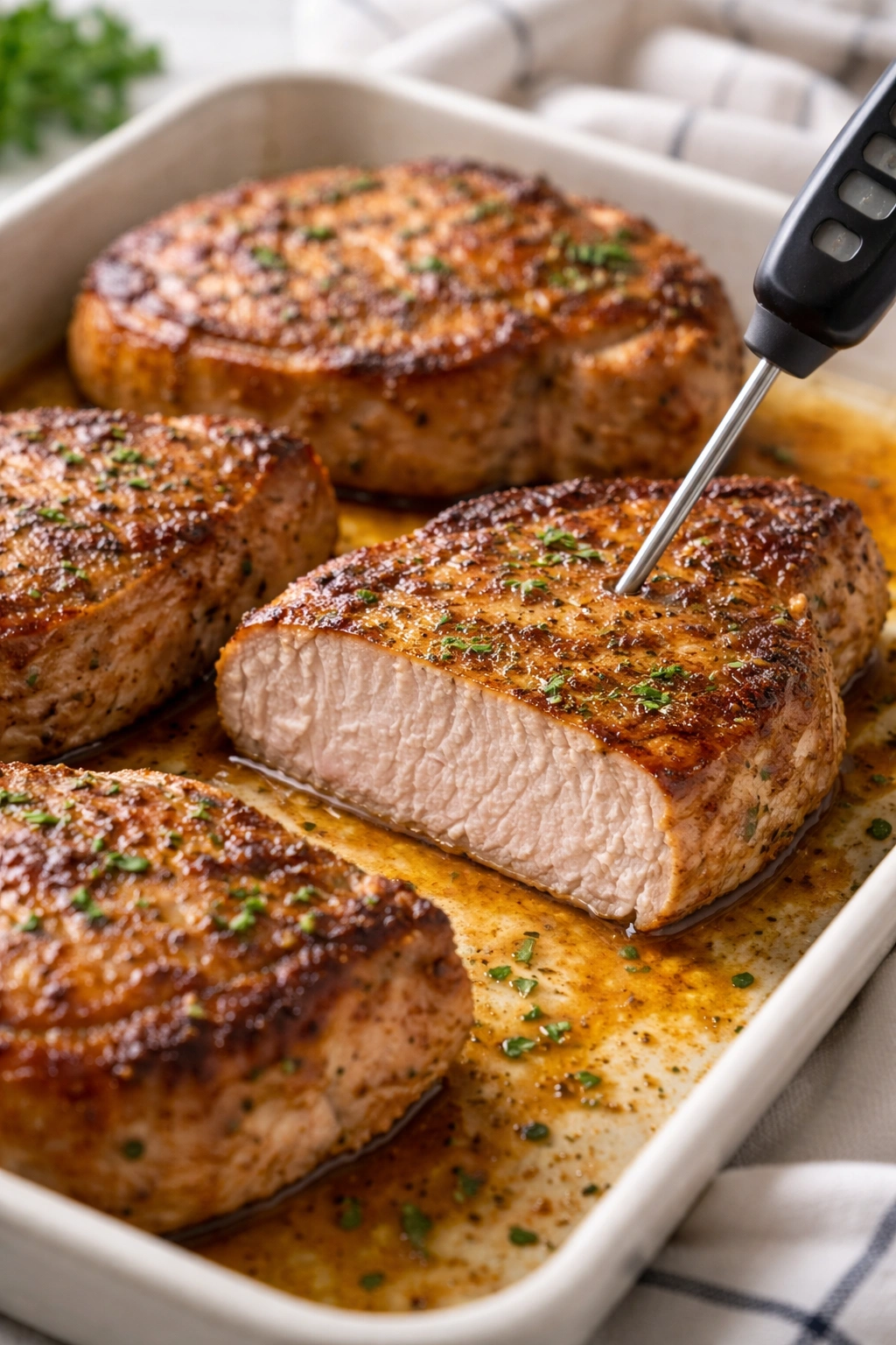 Juicy baked pork chops with a slight pink center