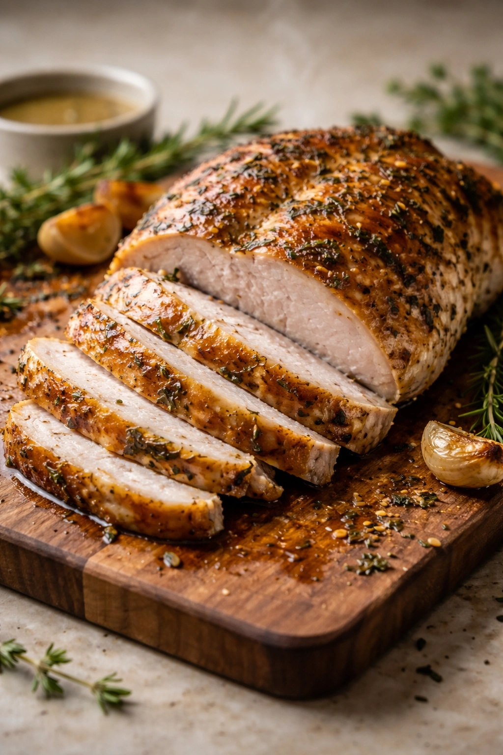 Juicy sliced turkey breast with moisture on a wooden board
