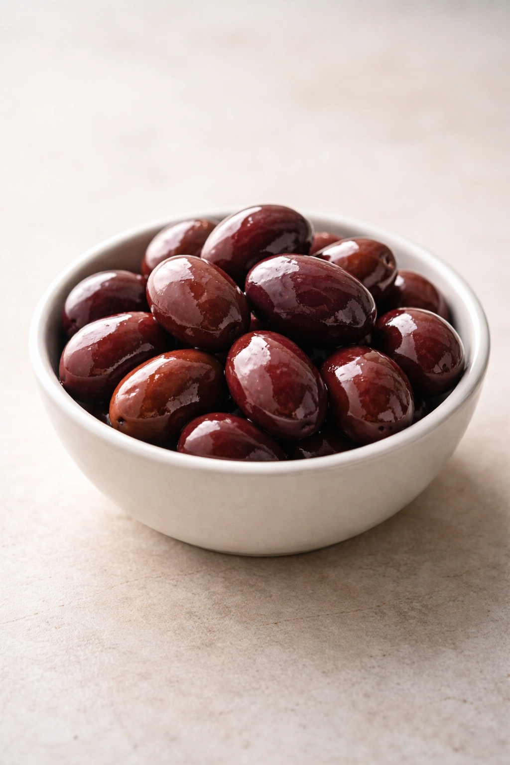 Glossy Kalamata olives in a small bowl