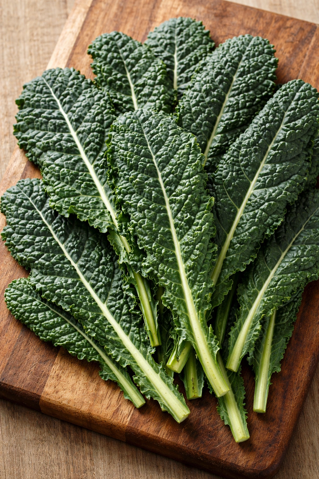 Lacinato kale leaves on a wooden board showing deep green and veins