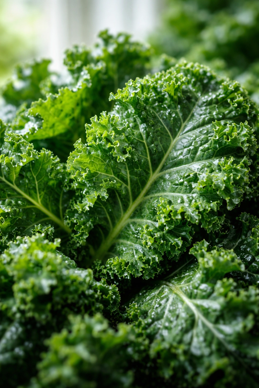 Close-up of kale leaves showing texture and rich green color