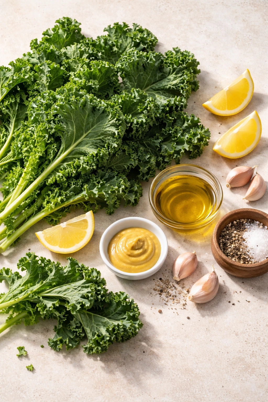 Kale leaves with lemon, garlic, olive oil, and mustard arranged for recipe