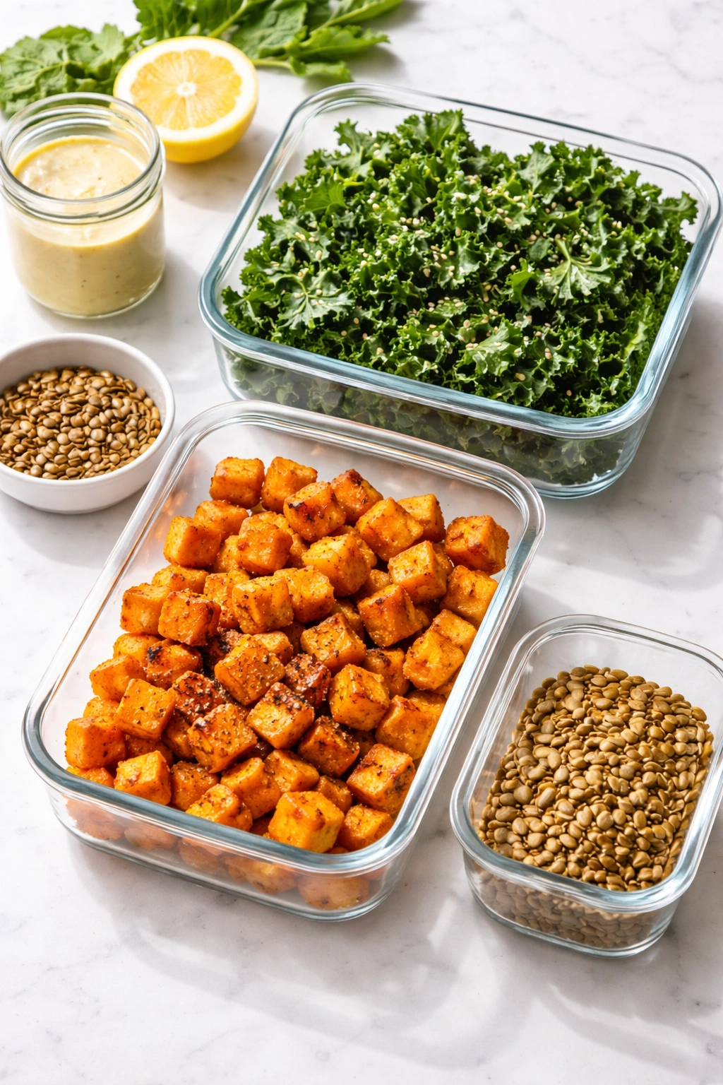 Meal-prep containers with kale components arranged for make-ahead salad