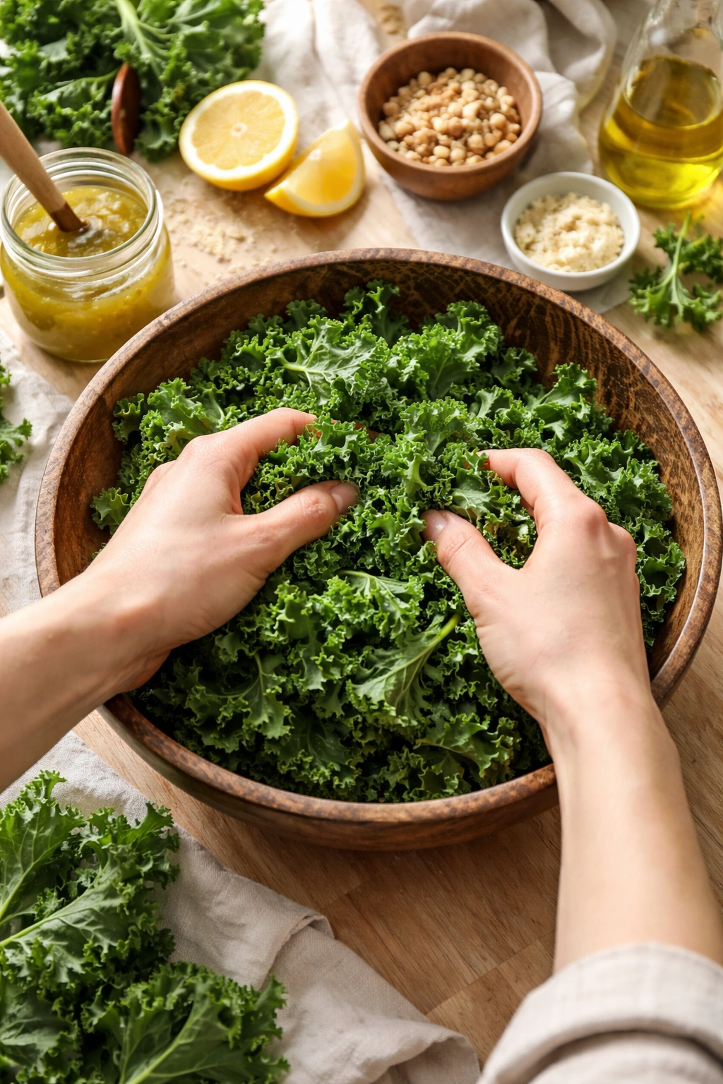 Close-up of kale being massaged to soften texture for salad