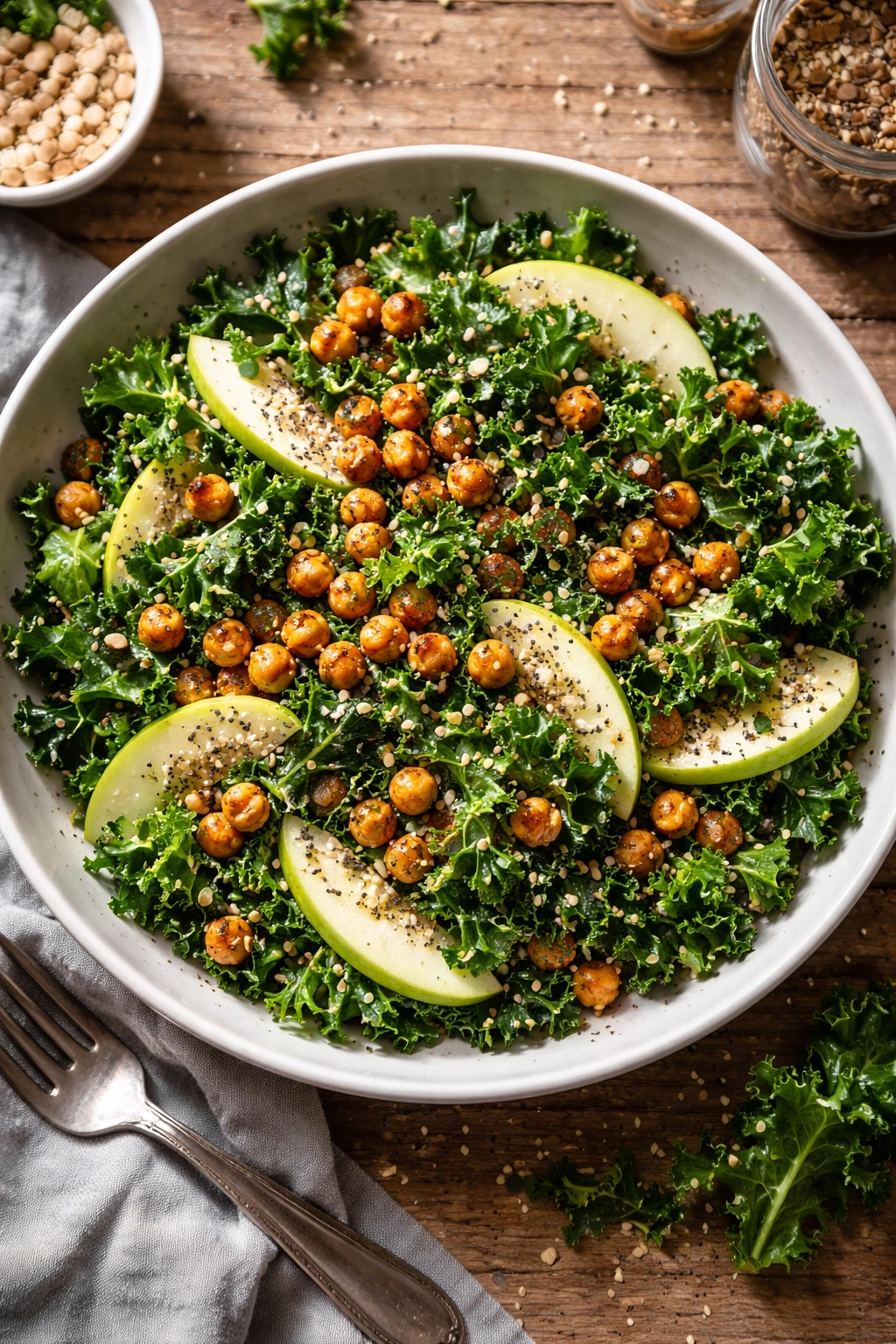 Close-up of roasted chickpea and kale salad with apple slices and everything seasoning