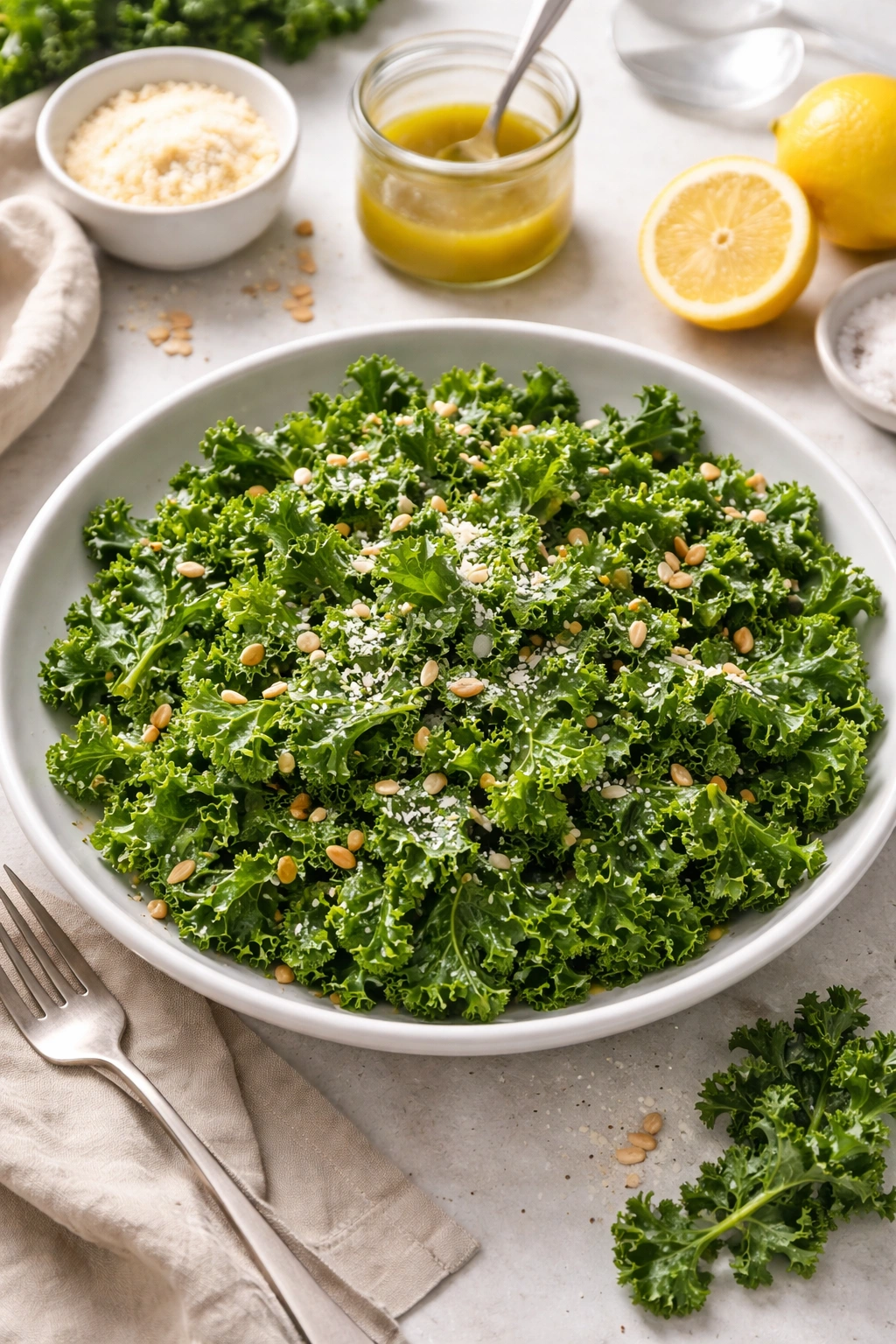 Kale salad with lemon vinaigrette in a white bowl, massaged greens, clean setup