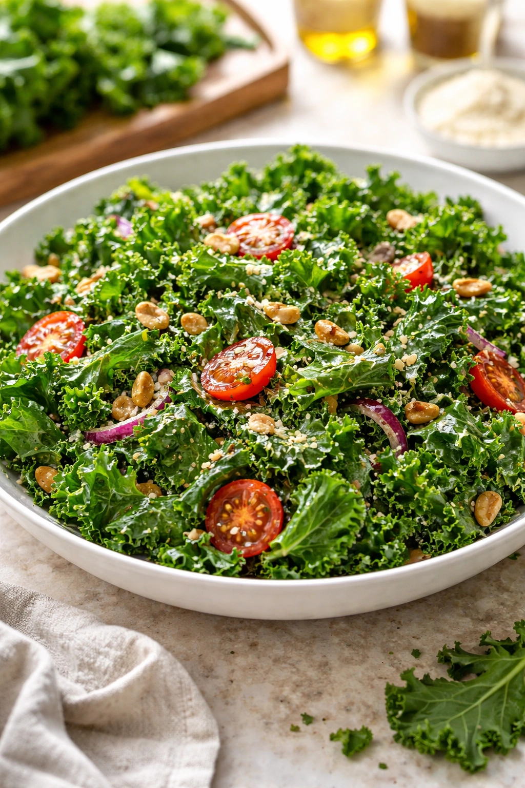 Close-up of massaged kale leaves with glossy dressing on a white plate