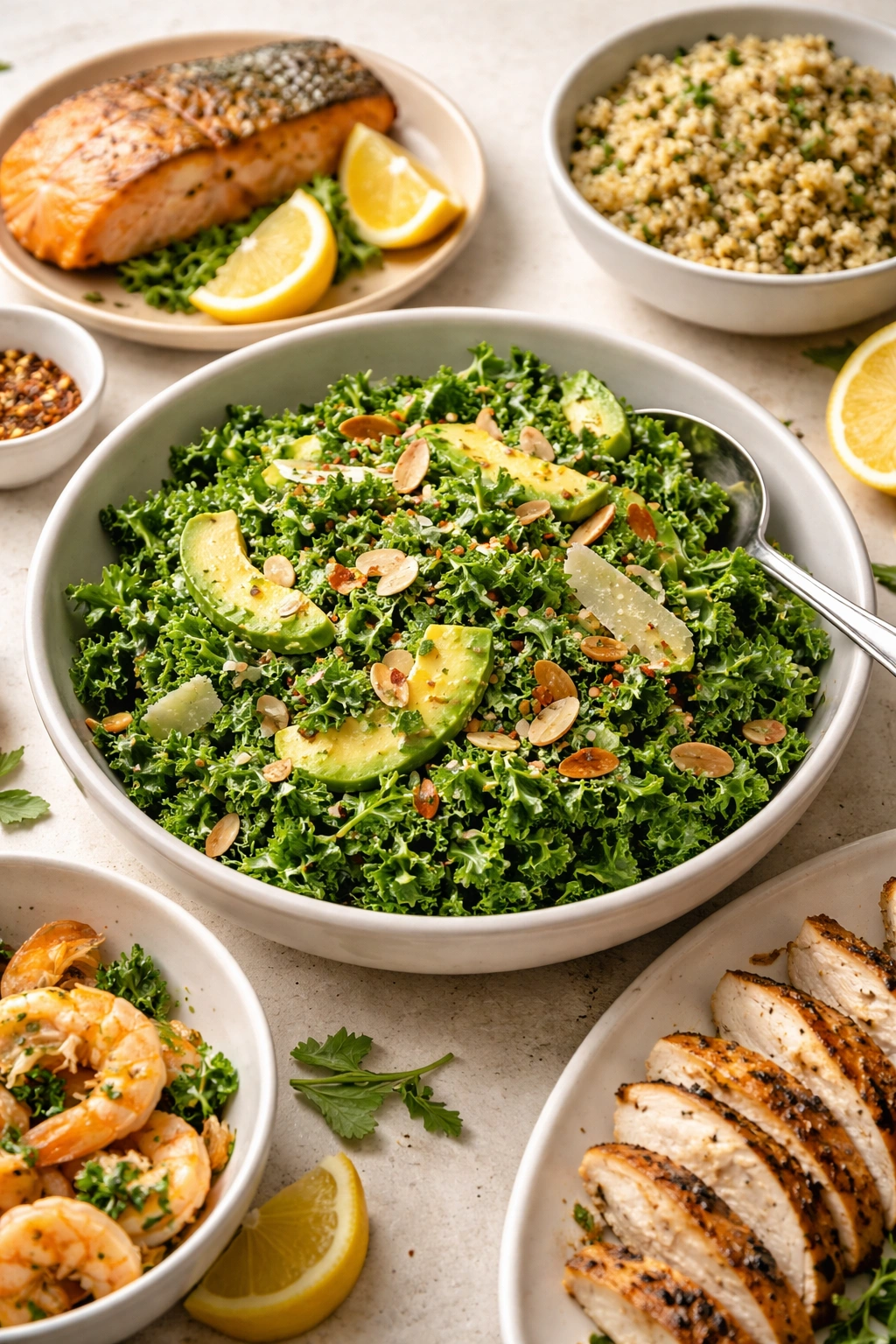 Elegant kale salad bowl showing bright dressing for serving ideas