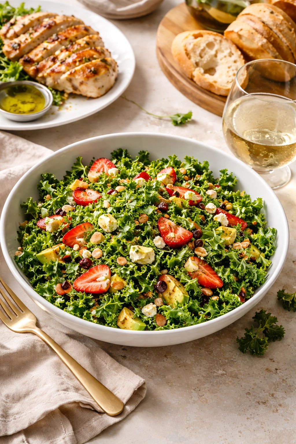 Kale salad served with wine and bread on a table