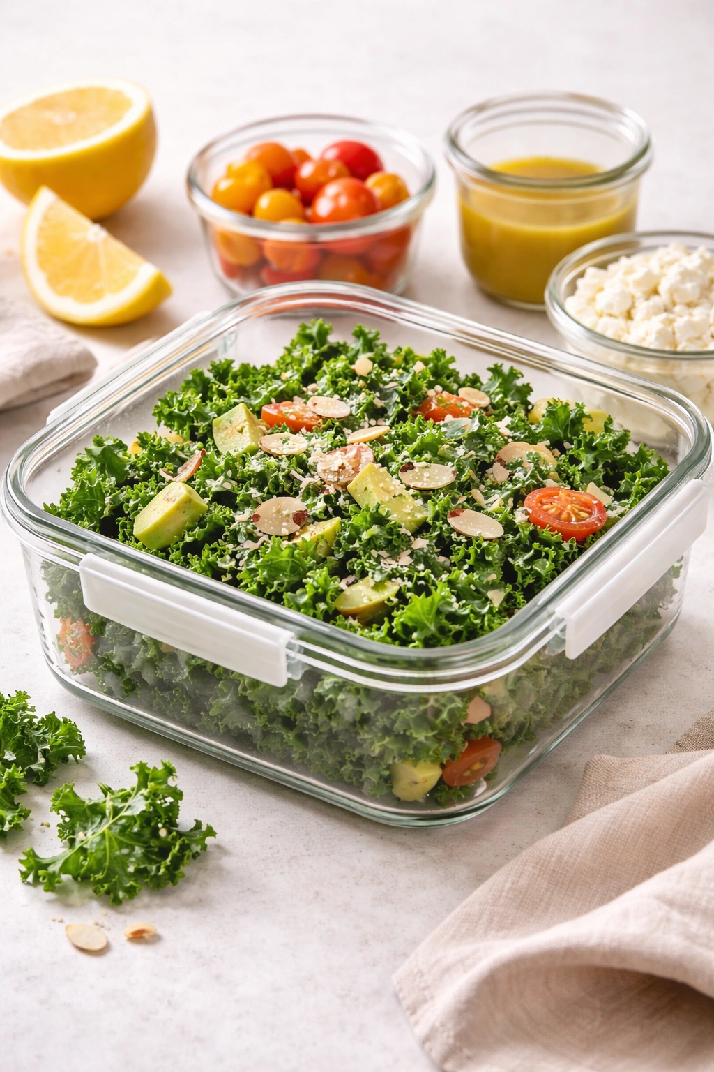 Kale massaged salad stored in airtight container for make-ahead meals