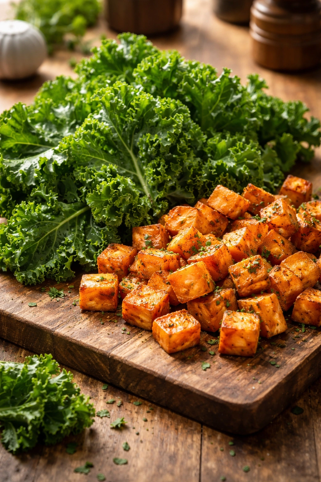 Close-up of kale and roasted sweet potato on a wooden board, showing color and texture contrast.