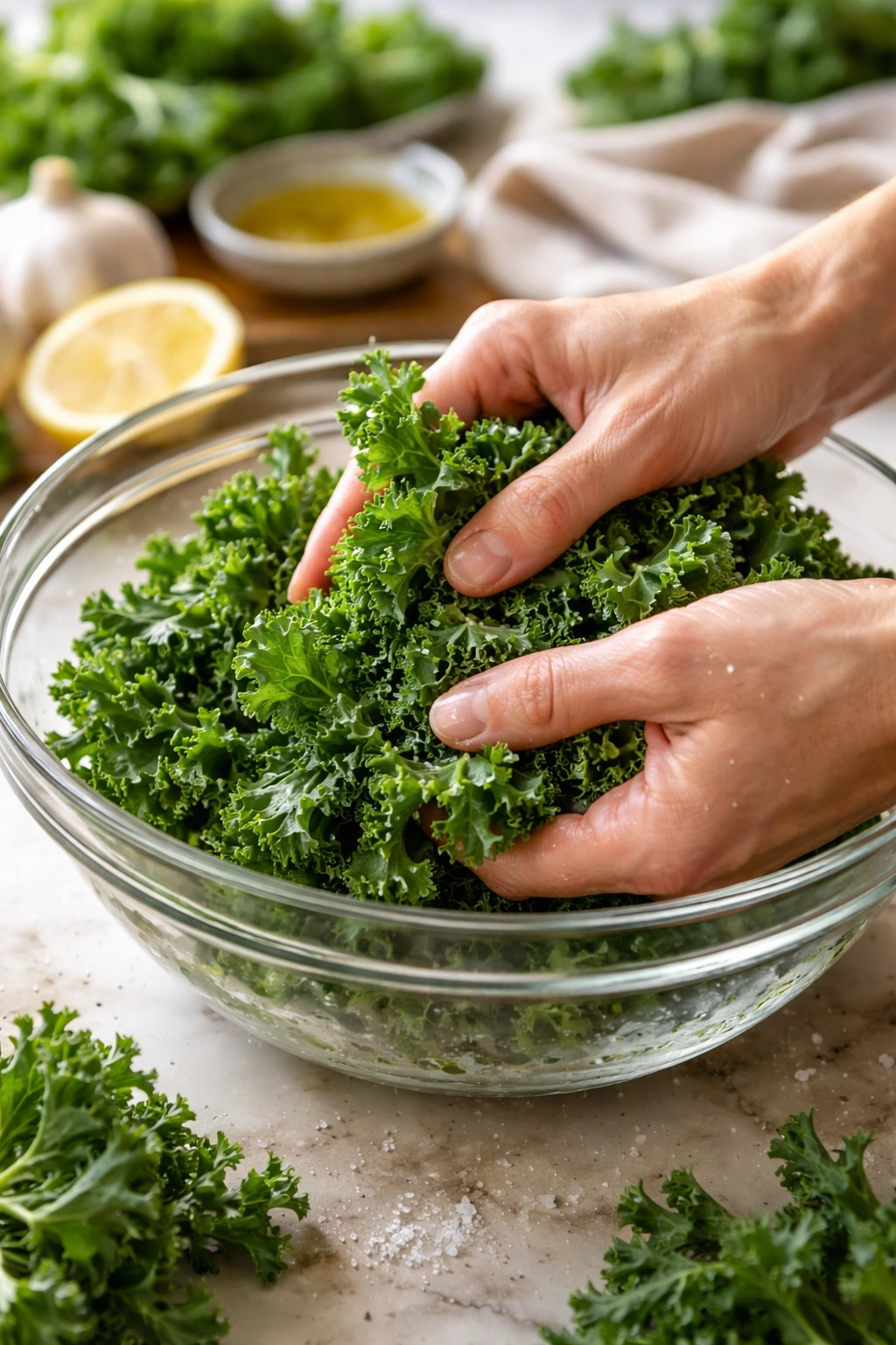 Hands massaging kale leaves in a bowl with salt crystals visible