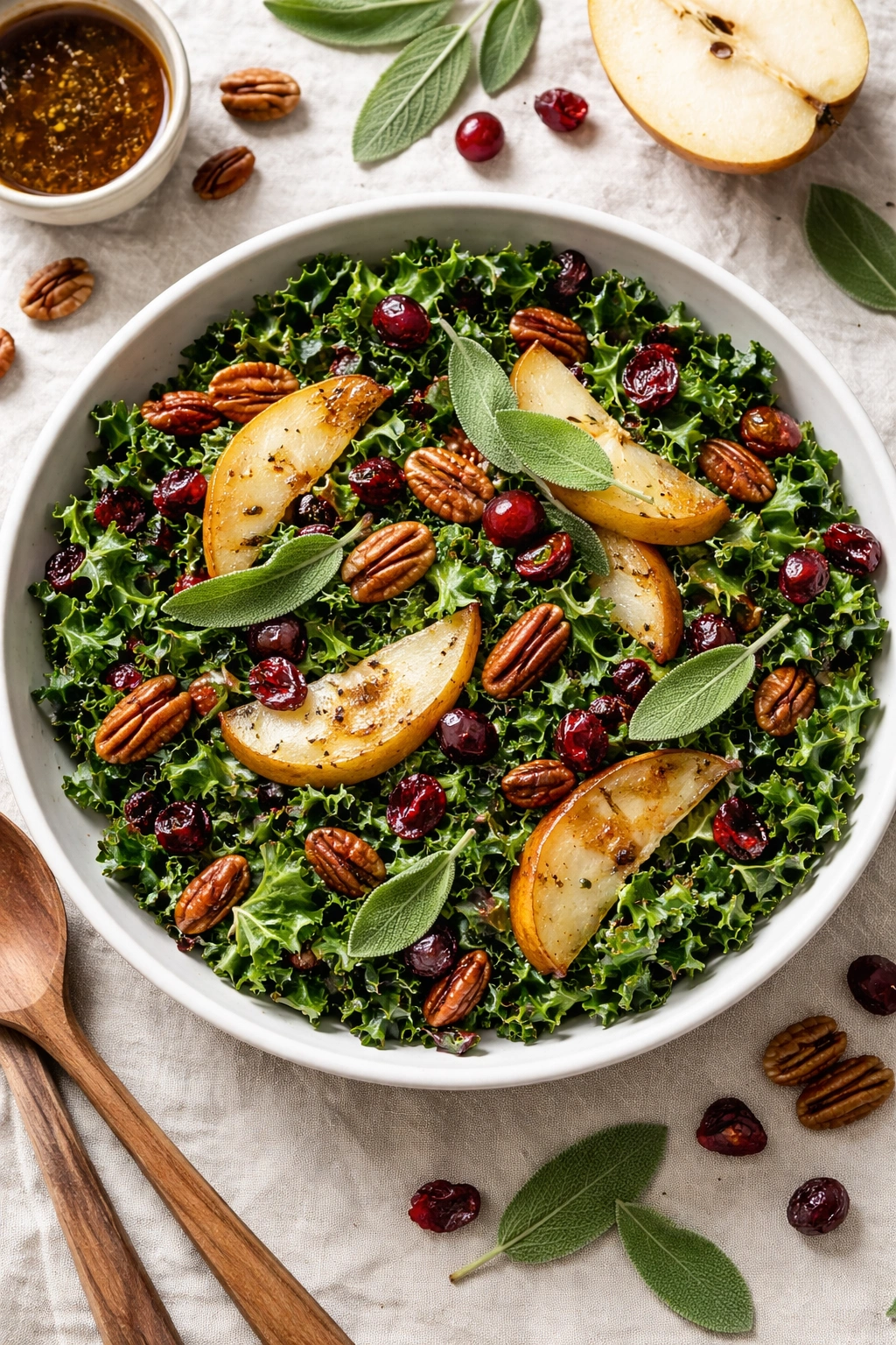 Kale salad variations with pears, pecans, cranberries and sage