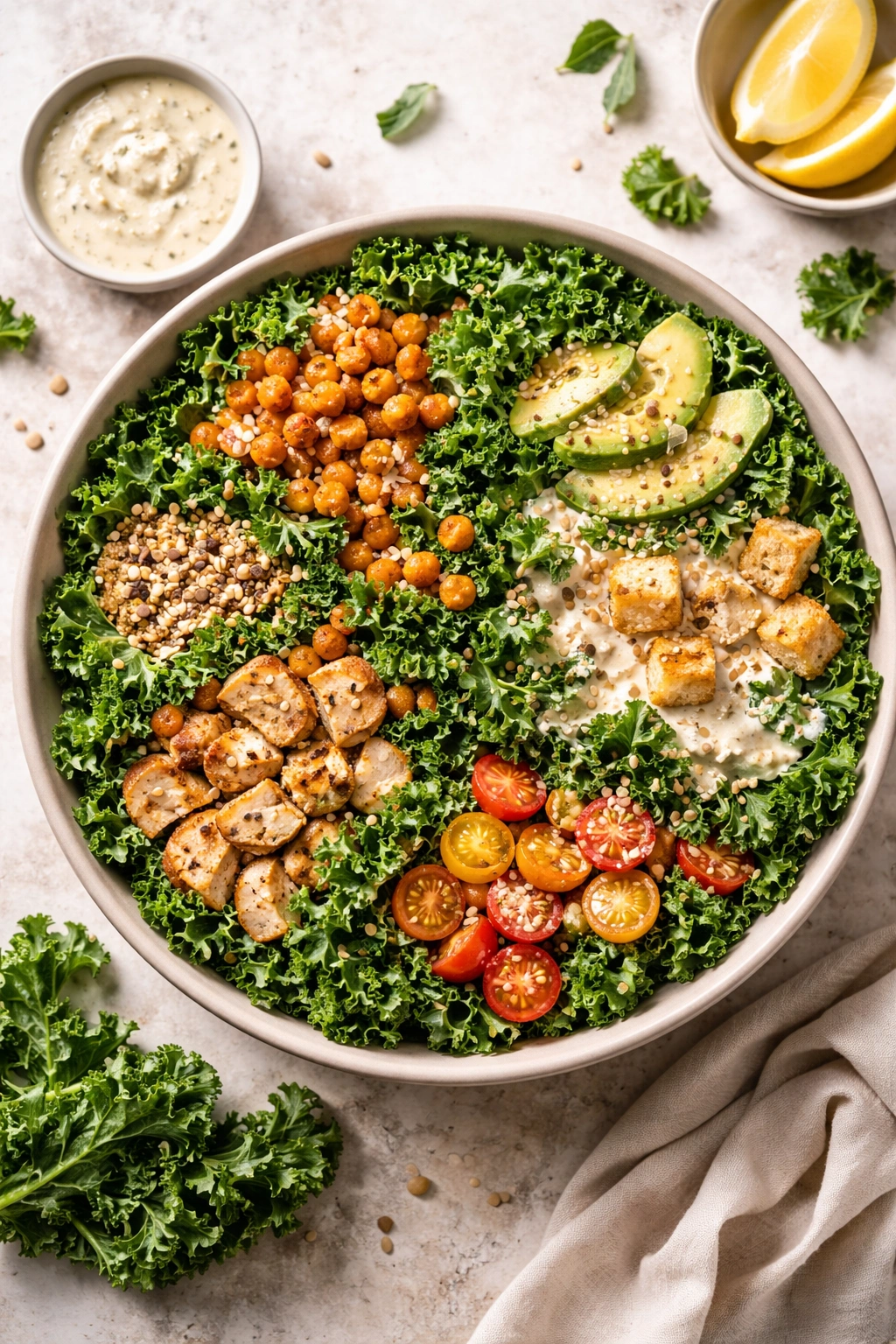 Kale salad with varied toppings suggesting different variations