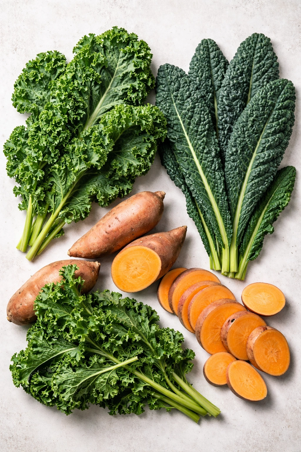 Display of curly kale, lacinato kale, and orange sweet potatoes to show varieties.