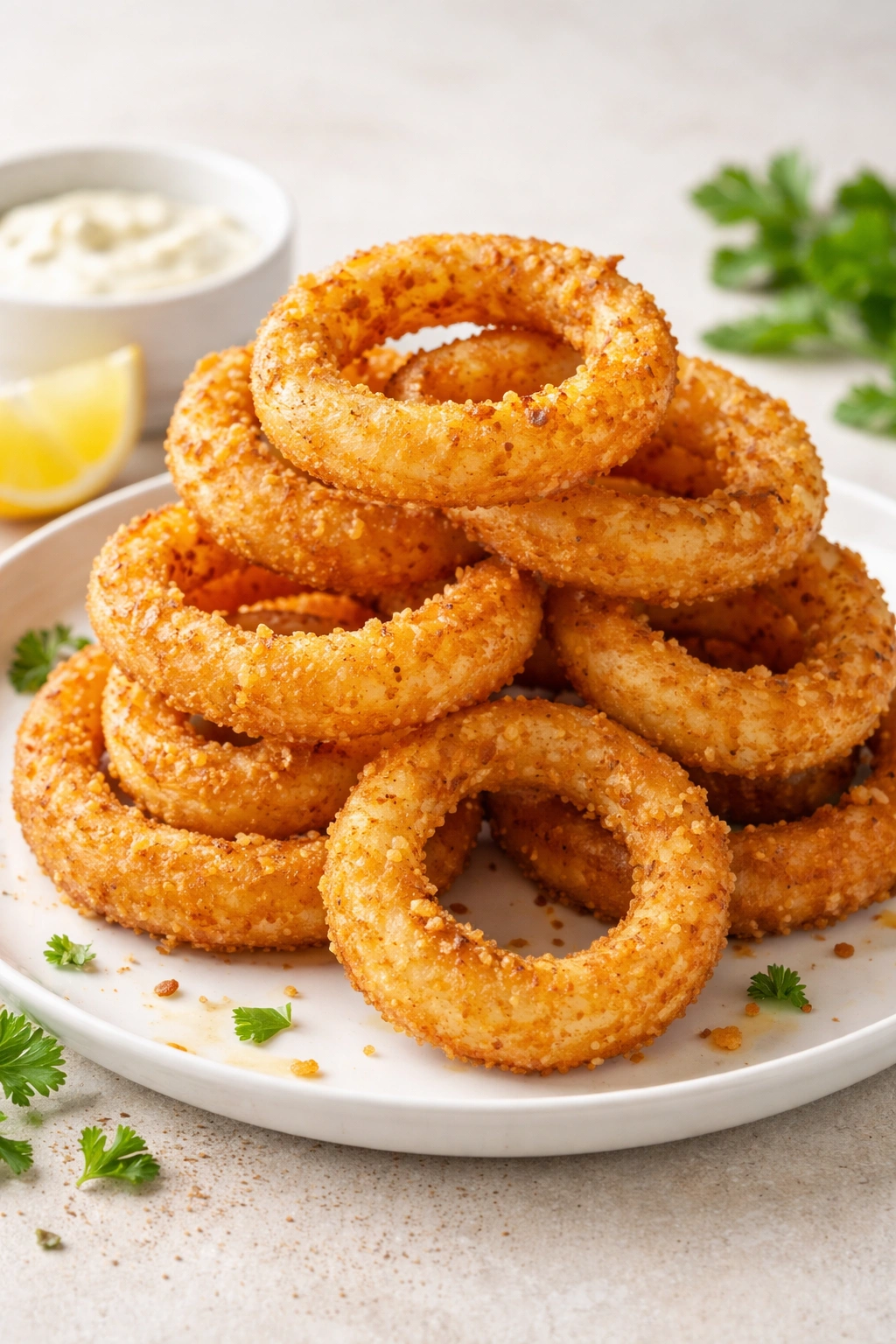 Stack of golden crispy keto onion rings on a plate.