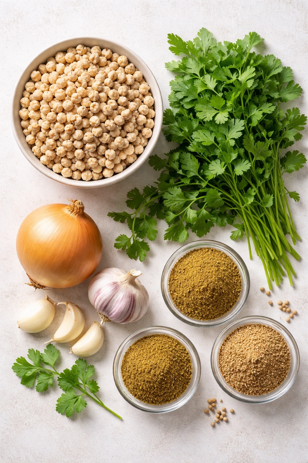 Raw falafel ingredients arranged on a neutral surface