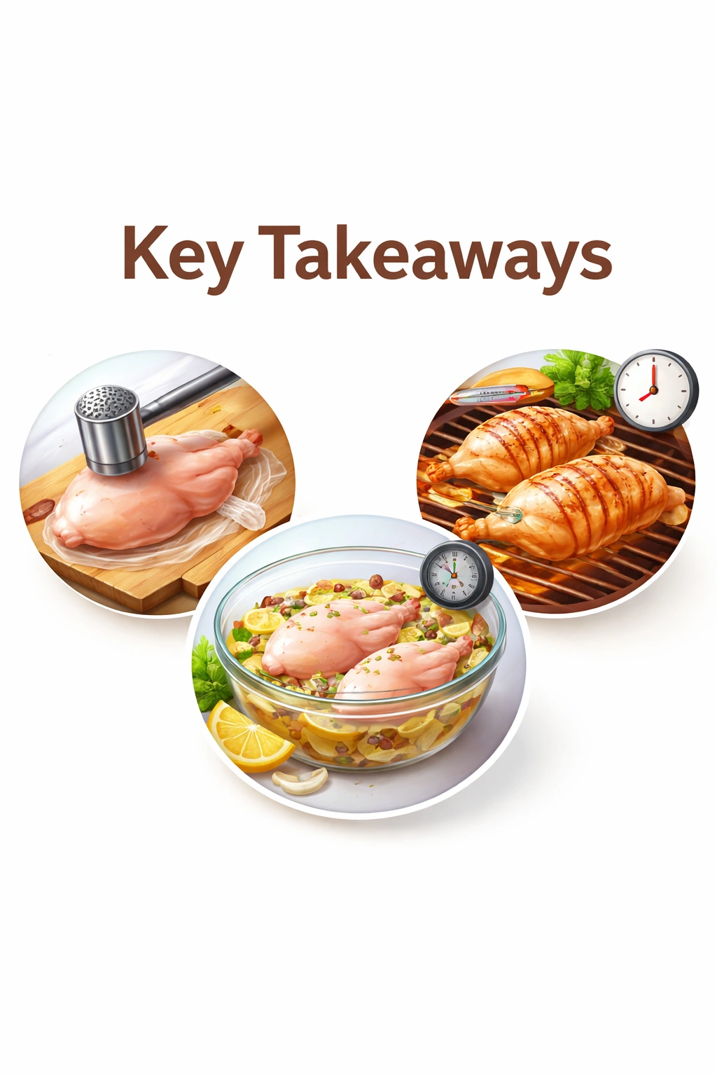 Abstract visual of three minimalist circular icons representing key takeaways for juicy grilled chicken