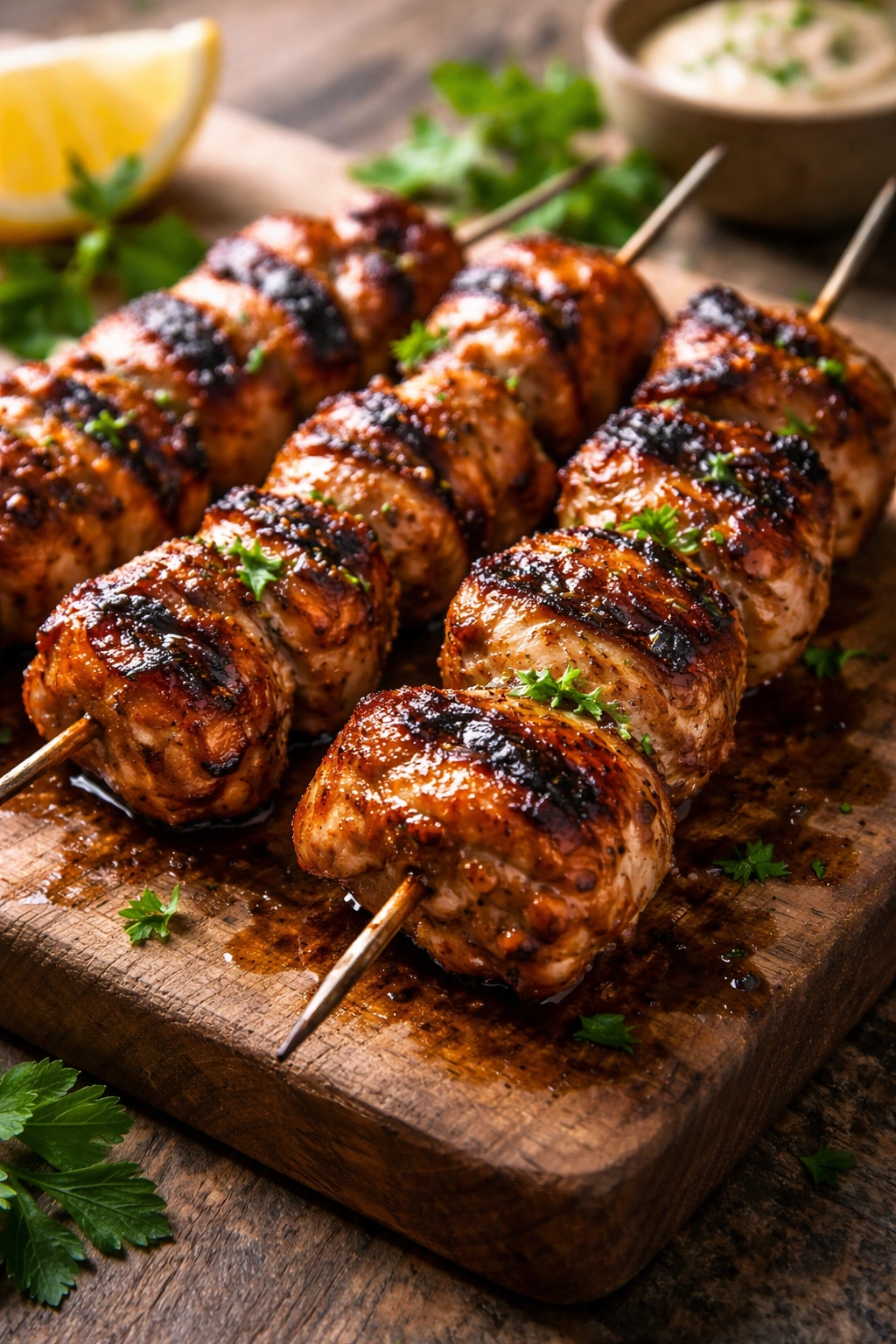 Juicy grilled chicken thigh skewer with char on wooden board