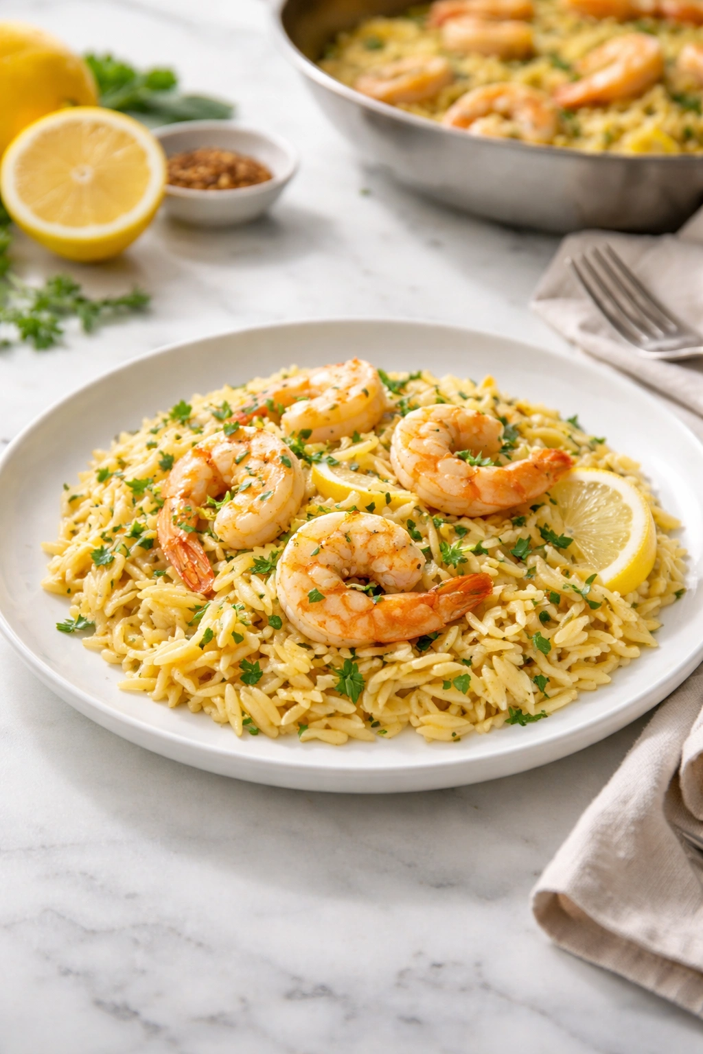 Plate of lemon shrimp orzo highlighting a quick one-pan meal
