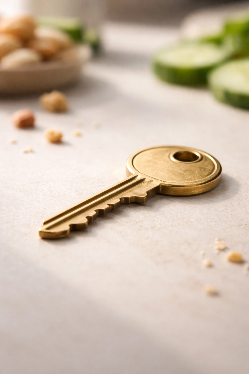 Golden key on a clean surface symbolizing takeaways
