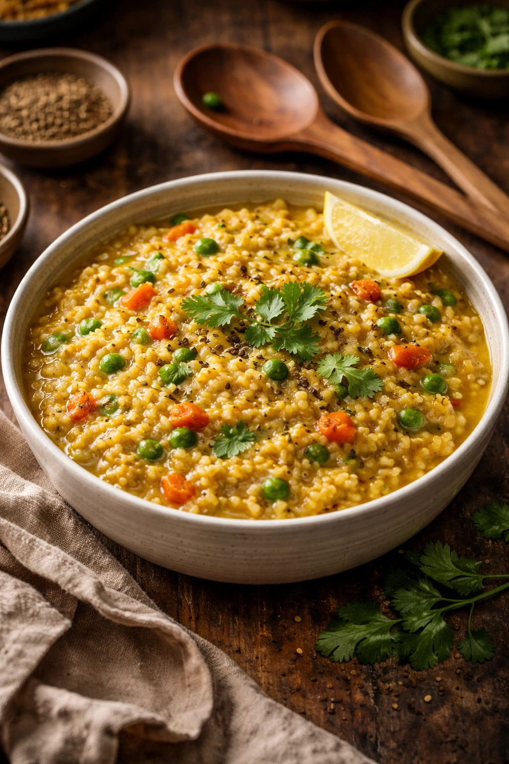 Warm khichdi in ceramic bowl with lentils and rice