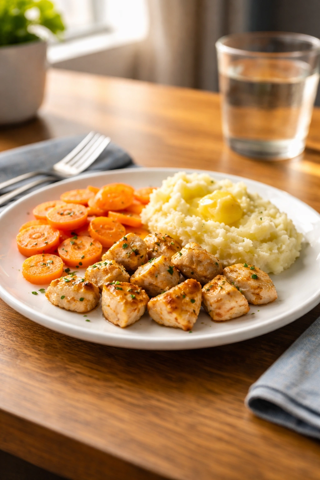 Close-up of a kid-friendly dinner plate with chicken, carrots, and mashed potatoes