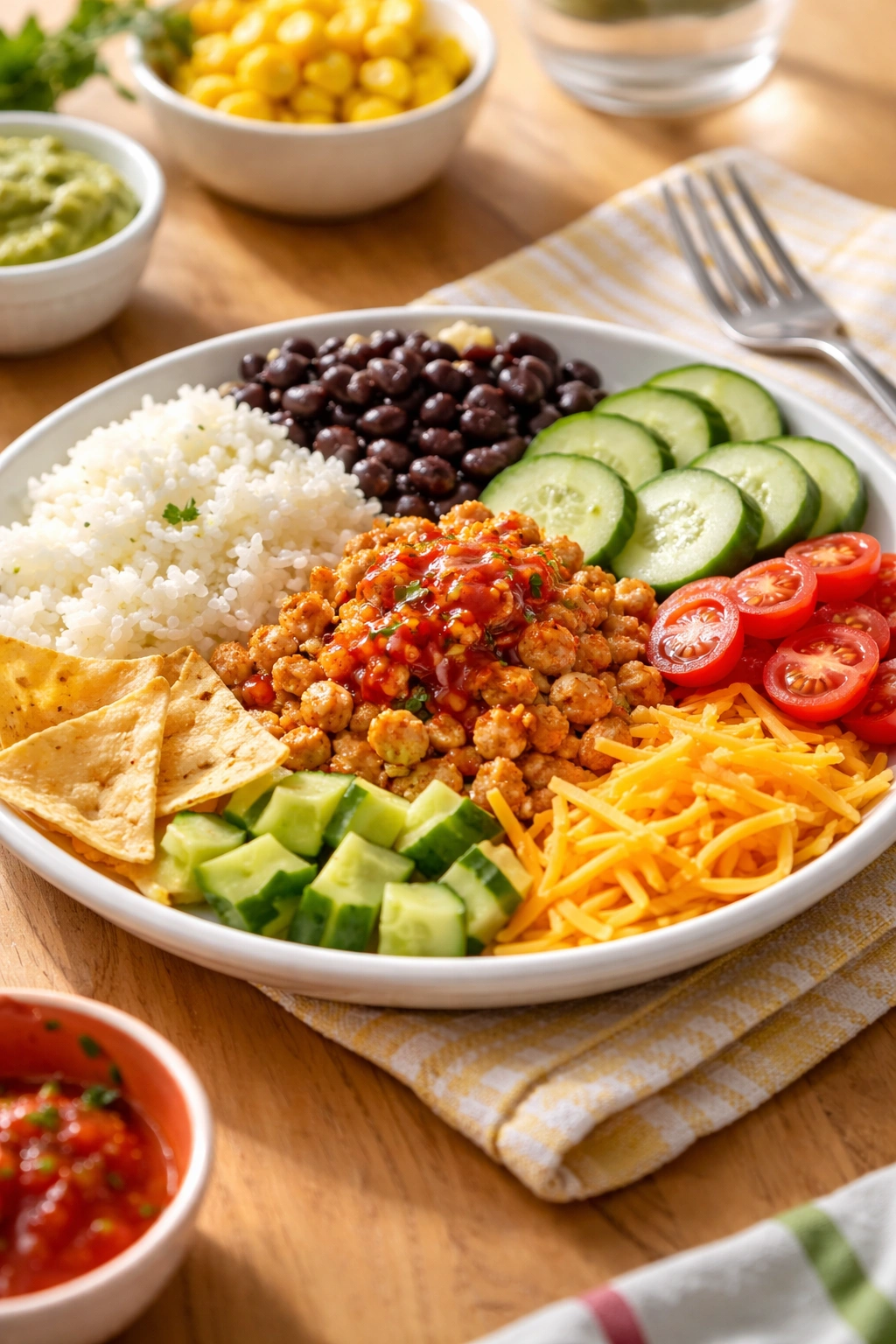 Divided plate with separate components like rice, beans, cheese, and vegetables