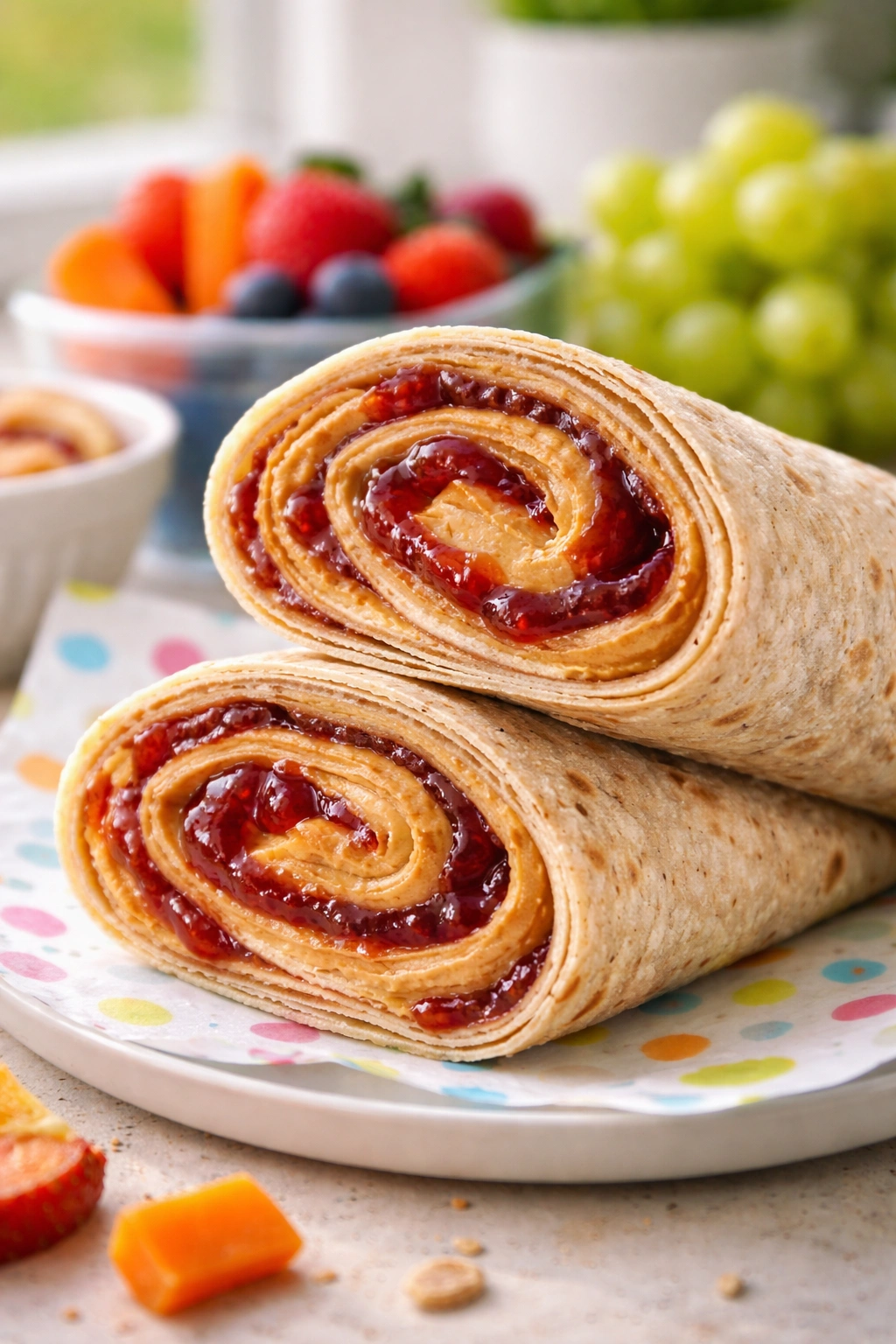 Half wrap exposing peanut butter and jelly filling on a clean surface
