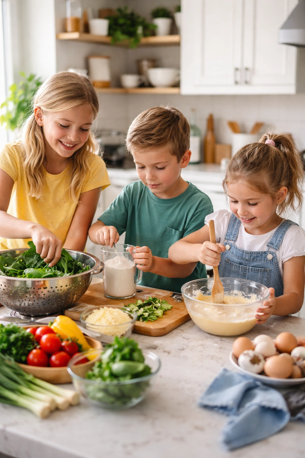 Three kids helping with meal prep in a bright kitchen, measuring, washing, and stirring.