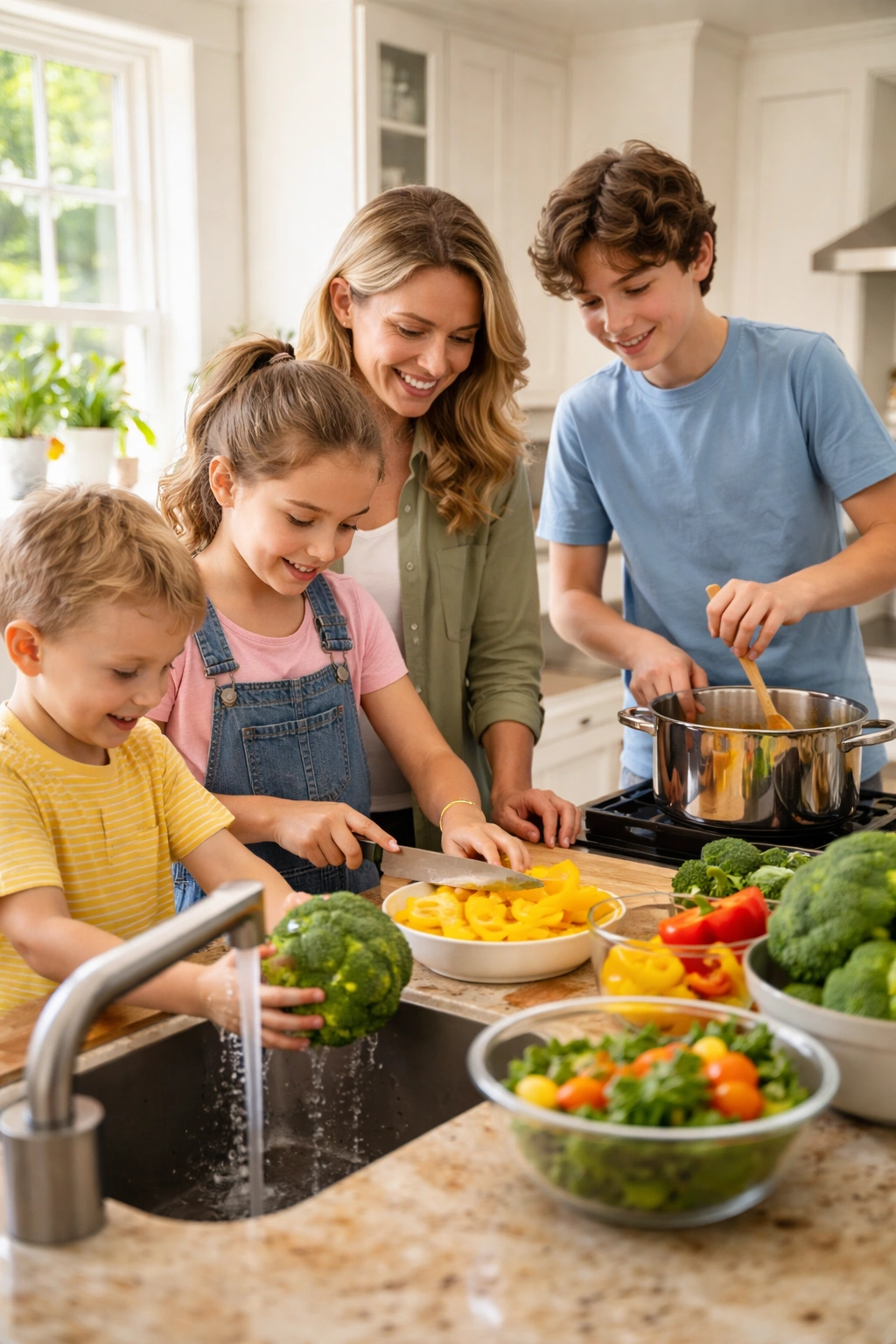 Kids cooking together in a bright kitchen, washing, chopping, and stirring under supervision