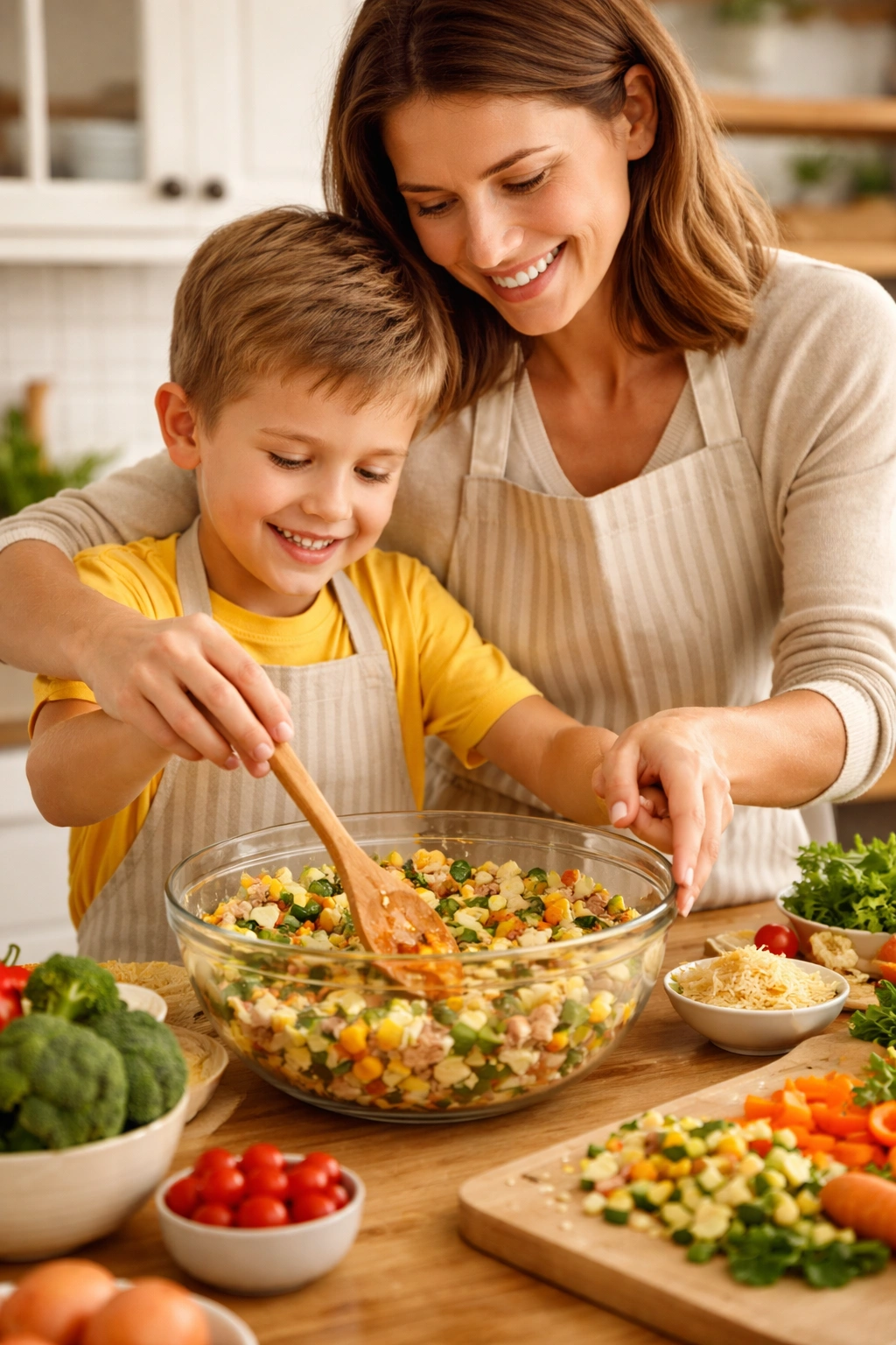 Child helping to cook with adult guidance at kitchen counter
