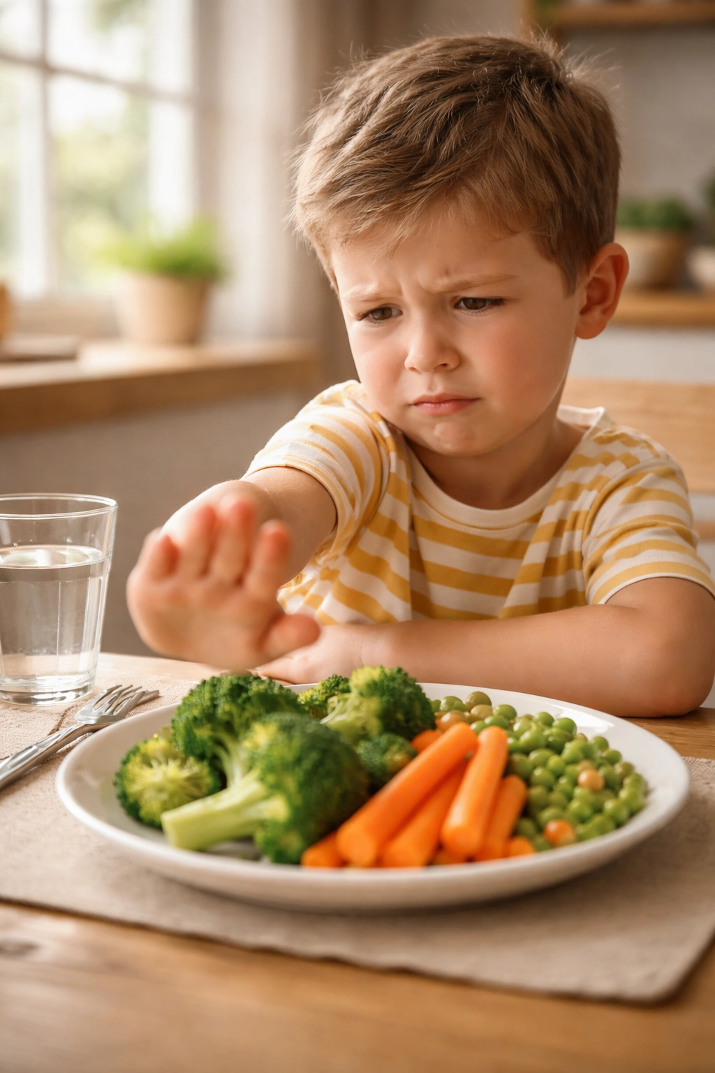 Child hesitant at plate of vegetables, illustrating normal resistance to vegetables