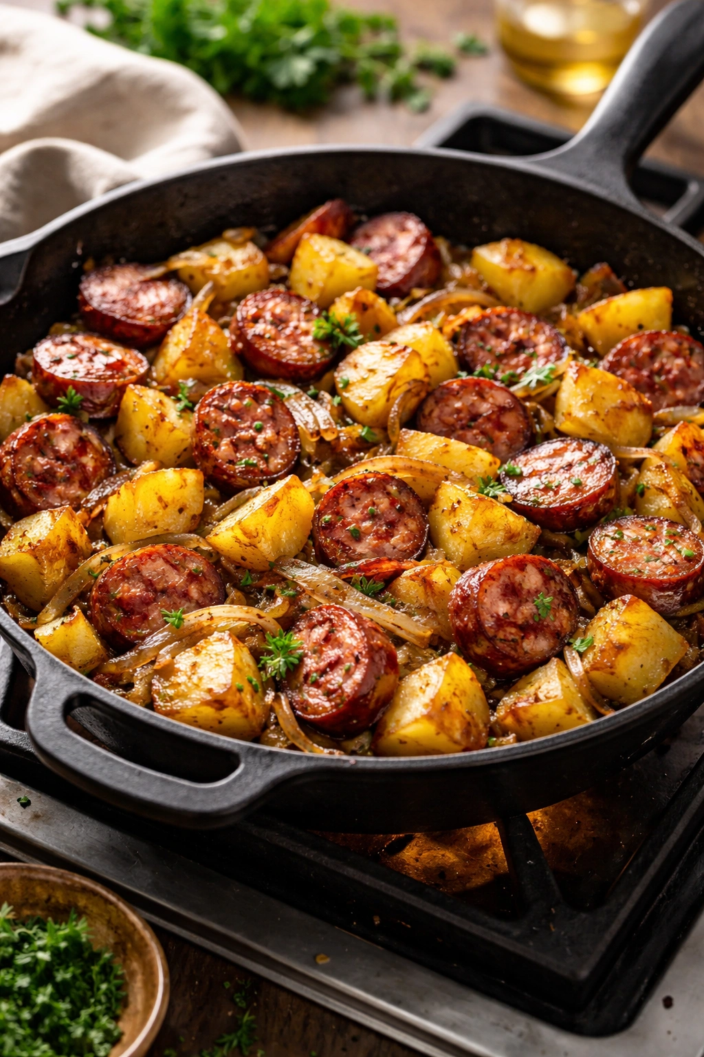 Kielbasa and potatoes in a skillet with onions