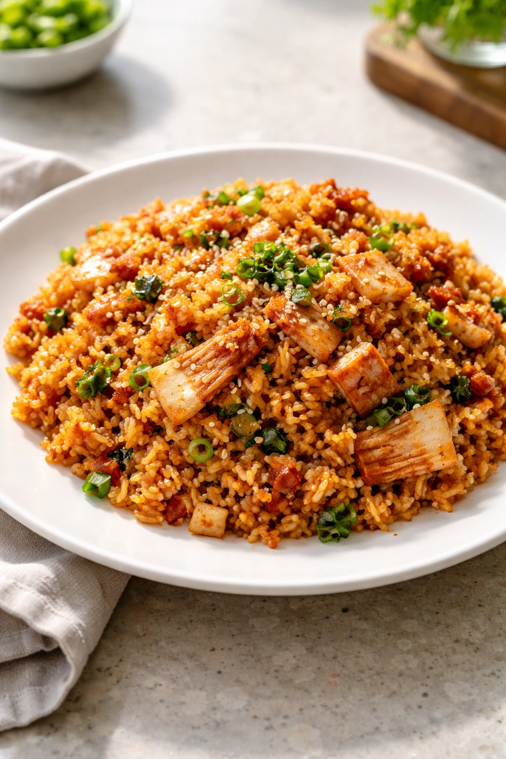 Close-up plate of homemade kimchi fried rice with crisp grains and kimchi