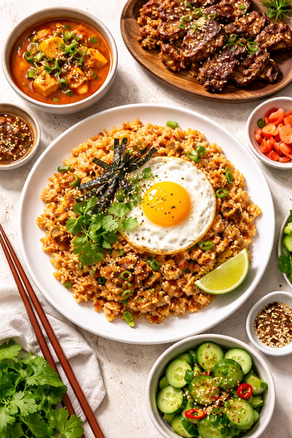 Kimchi fried rice plated with egg, sesame, nori, cilantro, and lime