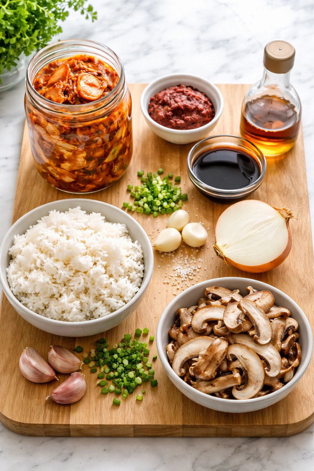 Flat lay of kimchi fried rice ingredients including kimchi, gochujang, soy sauce and rice