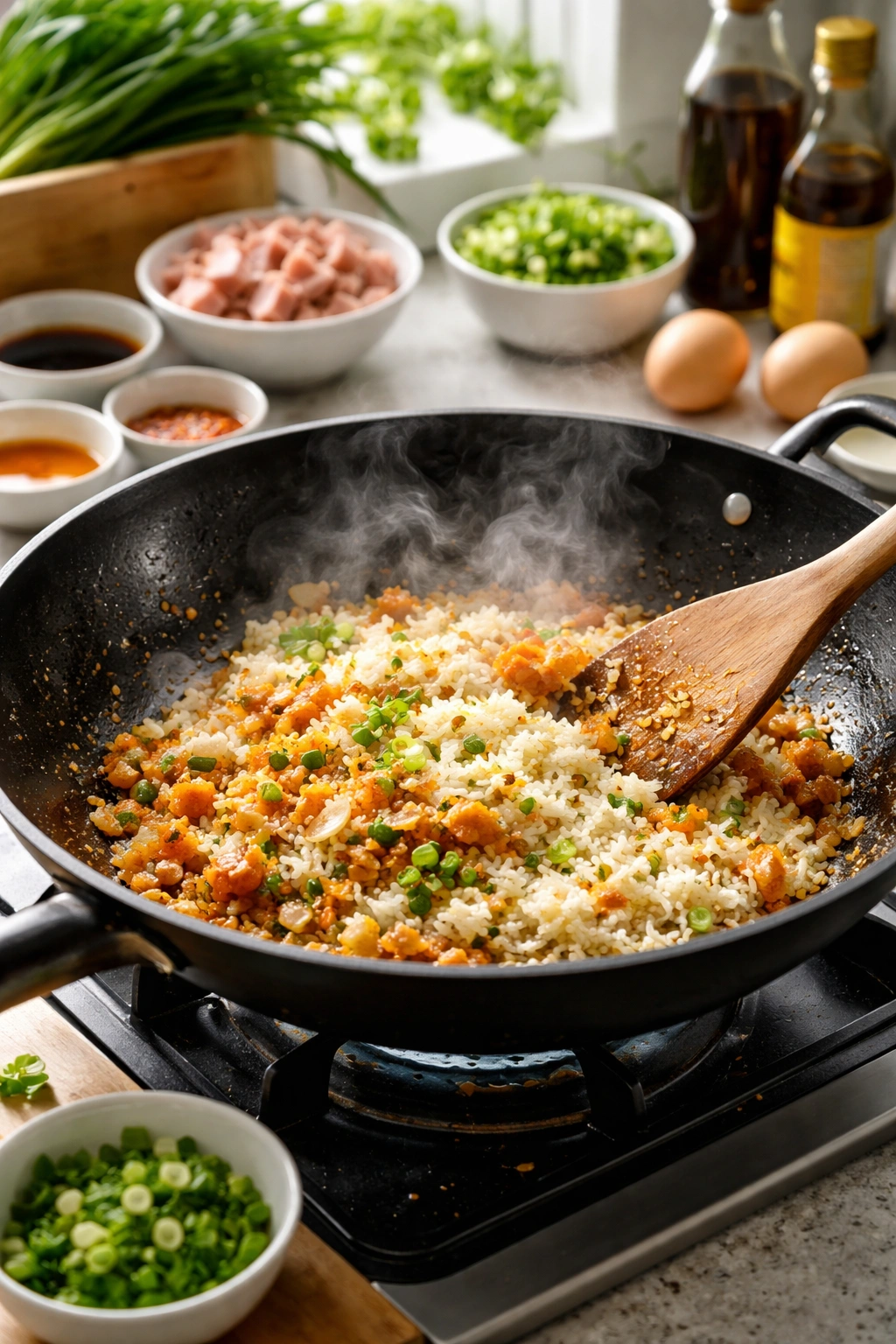 Wok cooking kimchi fried rice mid-cook stage